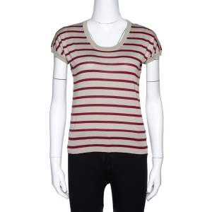 Pre Owned Dolce & Gabbana Beige Striped Silk Knit Top M