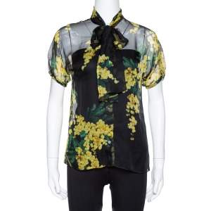 Dolce & Gabbana Black Floral Print Silk Tie Front Sheer Blouse S