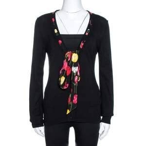 Pre Owned Dolce & Gabbana Black Knit Tulip Print Tie Neck Cardigan L