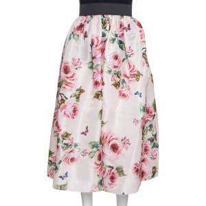 Pre Owned Dolce & Gabbana Pink Rose Print Organdy Silk Midi Skirt M