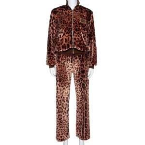 مملوكة مسبقًا Dolce & Gabbana Brown Leopard Print Velvet Pants And Jacket Set M
