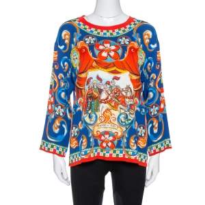 Pre Owned Dolce & Gabbana Blue Carretto Siciliano Print Silk Crew Neck Top S