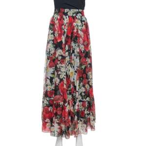 Pre Owned Dolce & Gabbana Black Floral Print Silk Gathered Maxi Skirt L