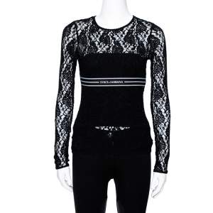 Pre Owned Dolce & Gabbana Black Lace Logo Band Trim Top S