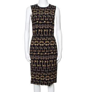 Pre Owned Dolce & Gabbana Black Crepe Key Print Sheath Dress S