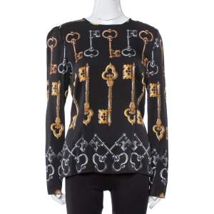 Pre Owned Dolce & Gabbana Black Key Print Silk Long Sleeve Blouse L