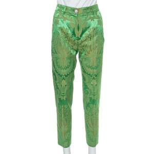 Pre Owned Dolce & Gabbana Bright Green & Gold Jacquard Tapered Trousers XS