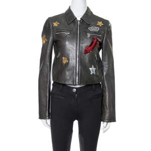 Pre Owned Dolce & Gabbana Black Sequin Embellished Cropped Leather Jacket S
