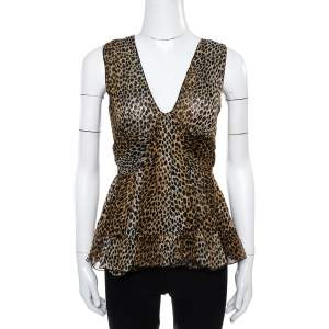 Pre Owned Dolce & Gabbana Brown Animal Print Ruffle Detail Sleeveless Top M