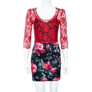 Dolce & Gabbana Red Lace Bodice Floral Print Sheath Dress M