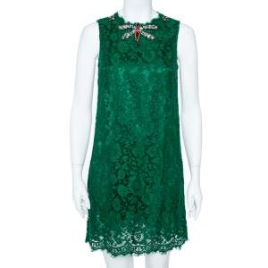 مملوكة مسبقًا Dolce & Gabbana Green Lace Dragonfly Embellished Sleeveless Shift Dress S 