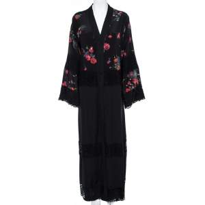 Dolce & Gabbana Black Floral Print Silk Lace Trim Abaya S