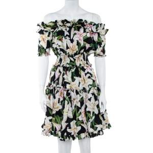 Pre Owned Dolce & Gabbana Cotton Lily Print Off Shoulder Dress S