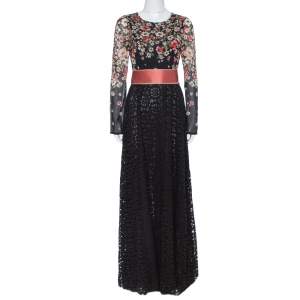 مملوكة مسبقًا Dolce & Gabbana Black Floral Printed Chiffon & Lace Trim Maxi Dress M