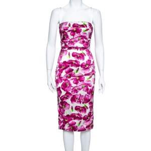 Pre Owned Dolce & Gabbana Purple Floral Printed Silk Satin Ruched Midi Dress M
