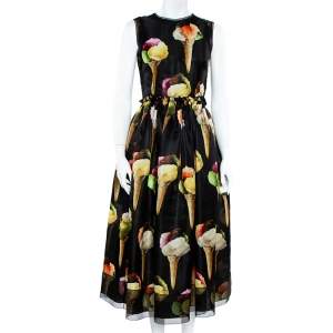 Pre Owned Dolce & Gabbana Black Silk Gelato Print Sleeveless Midi Dress S