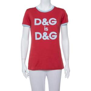 Dolce & Gabbana Red Logo Printed Cotton Contrast Detail T Shirt S