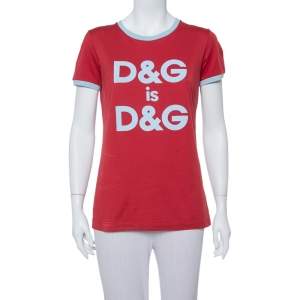 Pre Owned Dolce & Gabbana Red Logo Printed Cotton Contrast Detail T Shirt S