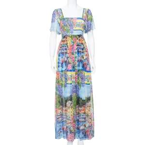 Pre Owned Dolce & Gabbana Multicolor Floral Printed Chiffon Smocked Detail Maxi Dress M