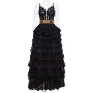 Pre Owned Dolce & Gabbana Black Floral Lace & Tulle Sequin Embellished Tiered Evening Gown S