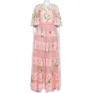 Dolce & Gabbana Pink Tulle Floral Applique Detail Maxi Dress M