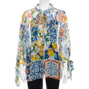 مملوكة مسبقًا Dolce & Gabbana White Majolica Printed Silk Neck Tie Detail Top XL