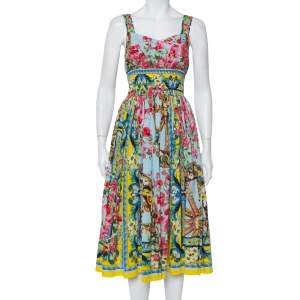 Pre Owned Dolce & Gabbana Floral Print Smocked Waist Sleeveless Cotton Poplin Dress S