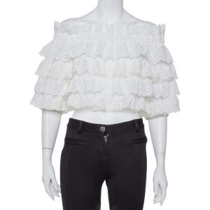 Pre Owned Dolce & Gabbana White Crochet Off Shoulder Crop Top M
