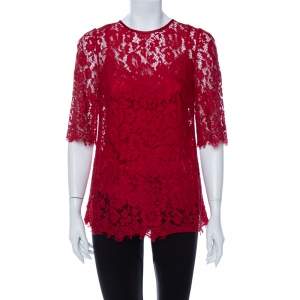 Pre Owned Dolce & Gabbana Red Lace Quarter Sleeve Top M