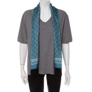 Dolce & Gabbana Grey Cotton V-Neck T-Shirt with Butterfly Printed Tasseled Silk Scarf S