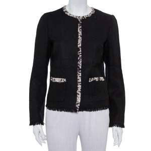مملوكة مسبقًا Dolce & Gabbana Black Tweed Contrast Trim Frayed Hem Jacket M