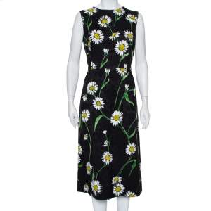 Pre Owned Dolce & Gabbana Black Floral Jacquard Daisy Printed Sleeveless Midi Dress L