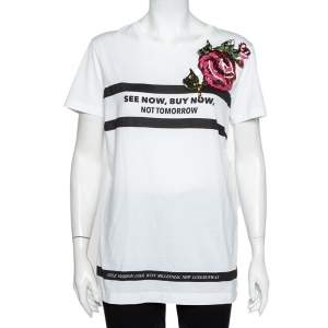 Pre Owned Dolce & Gabbana White Printed Cotton Sequined Rose Applique Detail T-Shirt L