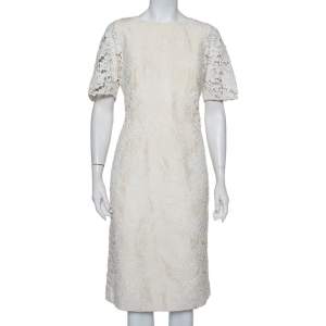 Dolce & Gabbana Cream Jacquard Crochet Trim Detail Midi Dress L