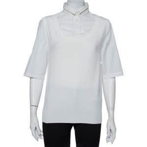 Dolce & Gabbana White Knit Sleeveless Overlay Detail Collared Top L