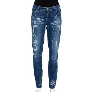 Pre Owned بنطلون دولتشي أند غابانا برتي تفاصيل سحاب ممزق دنيم كحلي مقاس كبير