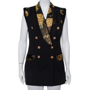 Dolce & Gabbana Black Wool Brocade Trim Detail Double Breasted Vest M