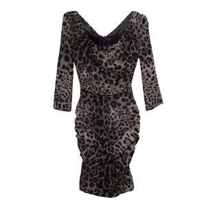 Pre Owned Dolce & Gabbana Grey Animal Printed Ruched Midi Dress M