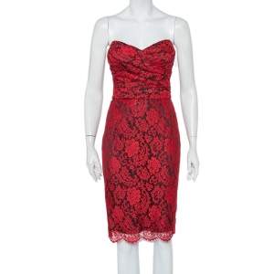 Pre Owned Dolce & Gabbana Red Lace Draped Strapless Mini Dress S