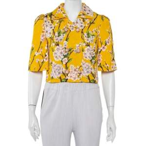 مملوكة مسبقًا Dolce & Gabbana Yellow Almond Blossom Printed Jacquard Double Breasted Cropped Jacket S