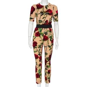 مملوكة مسبقًا Dolce & Gabbana Beige Floral Printed Crepe Top & Tapered Leg Trousers S