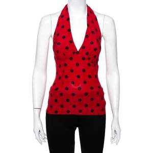 Pre Owned Dolce & Gabbana Red Polka Dotted Silk Halterneck Top S