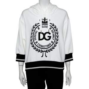 Dolce & Gabbana White Cotton Logo Printed Hooded Sweatshirt S   
