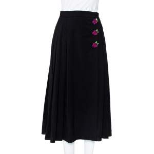 Dolce & Gabbana Black Wool Rose Applique Detail Pleated Midi Skirt S