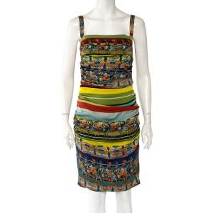 Pre Owned Dolce & Gabbana Multicolor Sicilian Warrior Stripe Printed Silk Ruched Sleeveless Mini Dress L