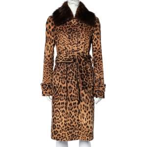 Pre Owned Dolce & Gabbana Brown Leopard Printed Corduroy Fur Collar Detail Coat M 