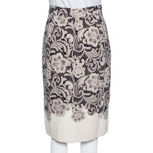 Dolce & Gabbana Cream Lace Printed Crepe Pencil Skirt S