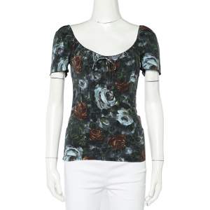 Pre Owned Dolce & Gabbana Grey Floral Printed Silk Scoop Neck Top S