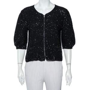 Pre Owned Dolce & Gabbana Black Sequin Embellished Knit Zip Front Jacket L