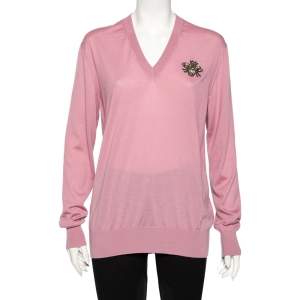 Pre Owned Dolce & Gabbana Pink Cashmere Bee Embroidered V-Neck Jumper S